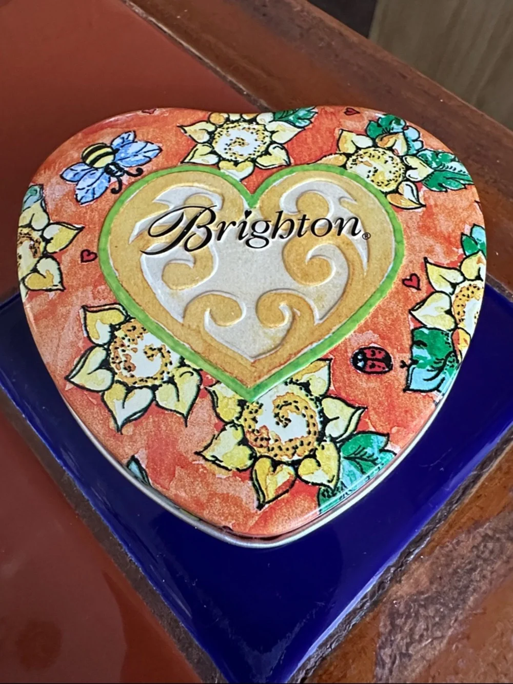 Brighton Orange Floral Heart Trinket Box with Gold Accents